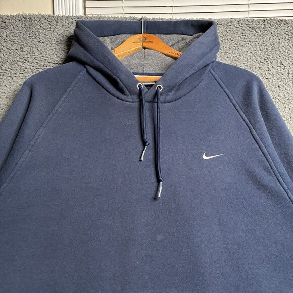 Vtg Nike Hoodie Mens L Navy Blue Y2K Swoosh Embroidered Sweatshirt Silver Tag - Picture 11 of 14